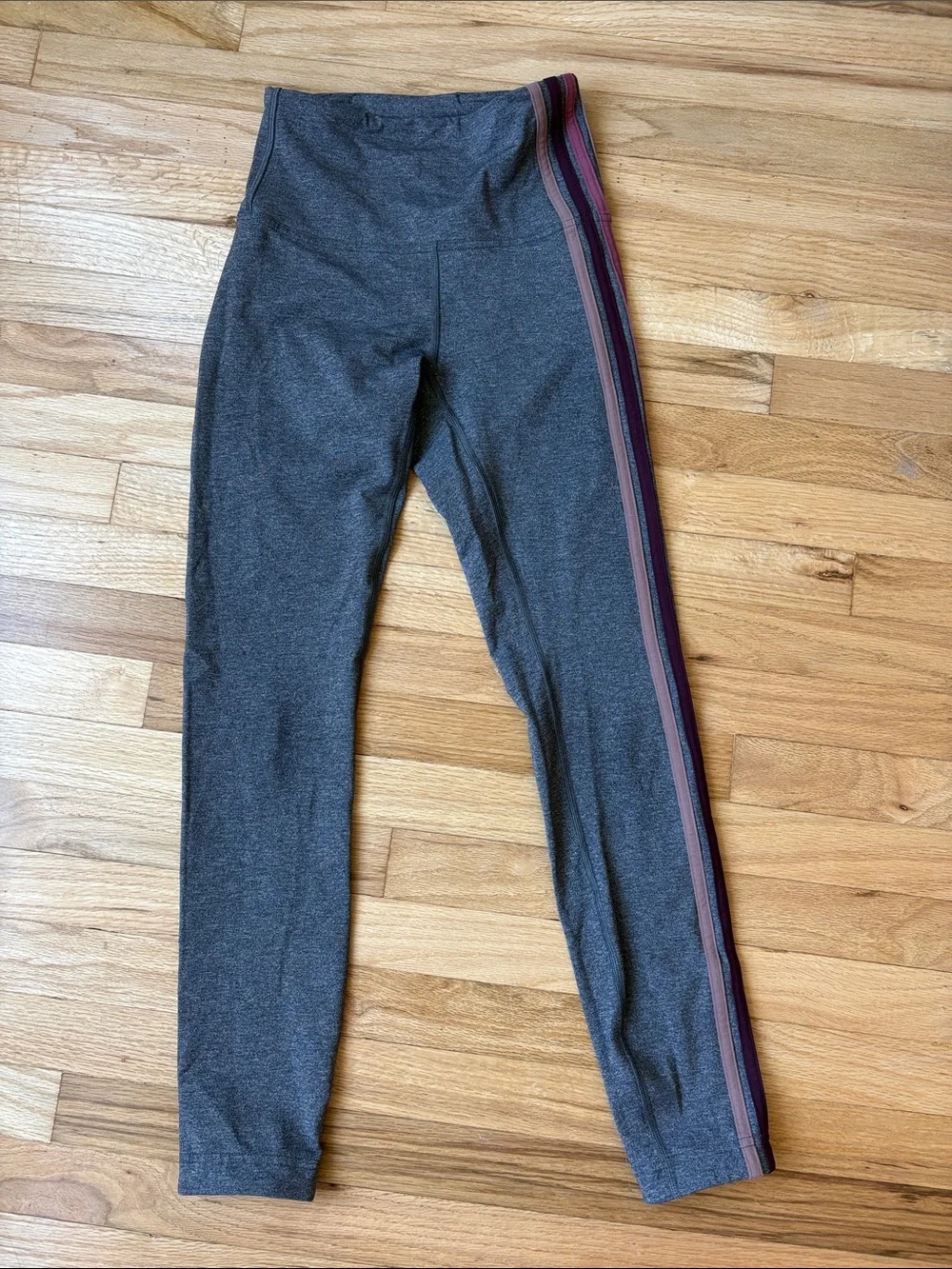 Lululemon Gray Leggings with Pink/Purple/White Side Stripes